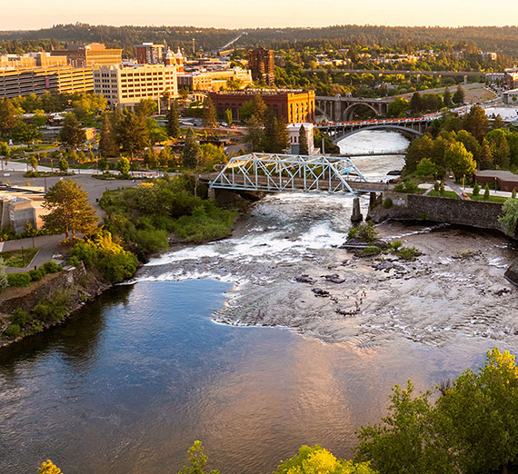 Aerial view of Riverfront Park in Spokane at sunset.